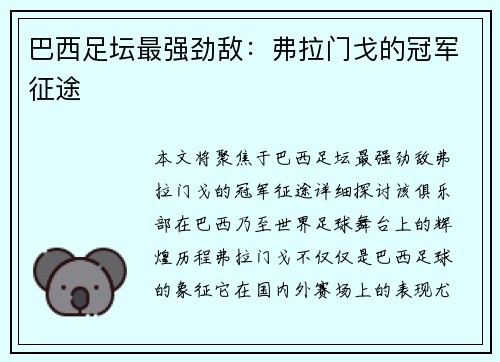 巴西足坛最强劲敌：弗拉门戈的冠军征途