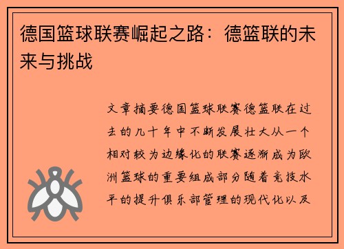 德国篮球联赛崛起之路：德篮联的未来与挑战