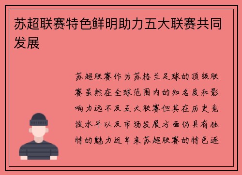 苏超联赛特色鲜明助力五大联赛共同发展