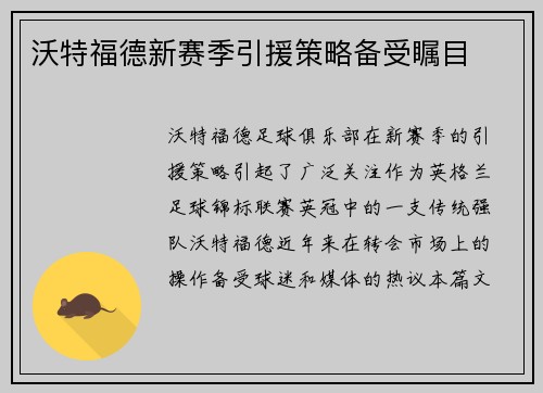 沃特福德新赛季引援策略备受瞩目